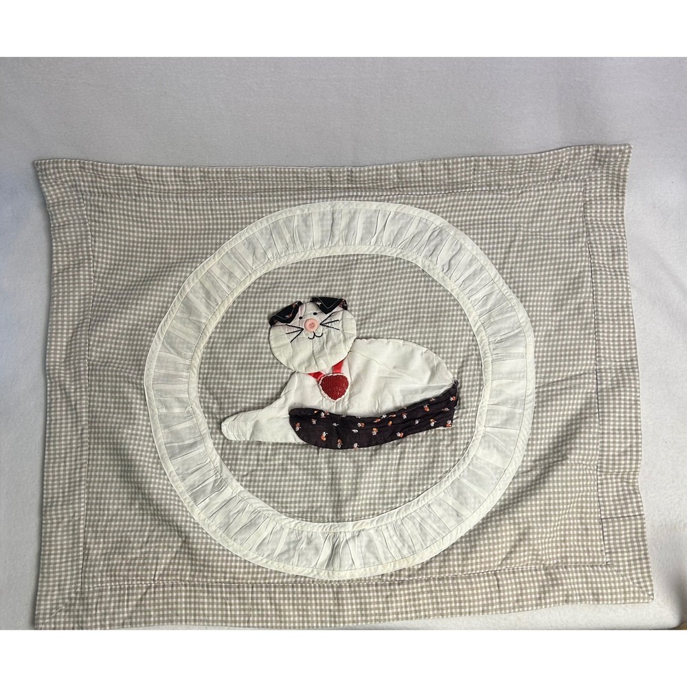 Crazy Cat Lady Handmade Tan Gingham‎ Quilted Cat Ruffle Pillow Sham Cover